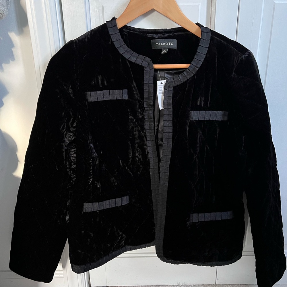 talbots black velvet quilted jacket NWT